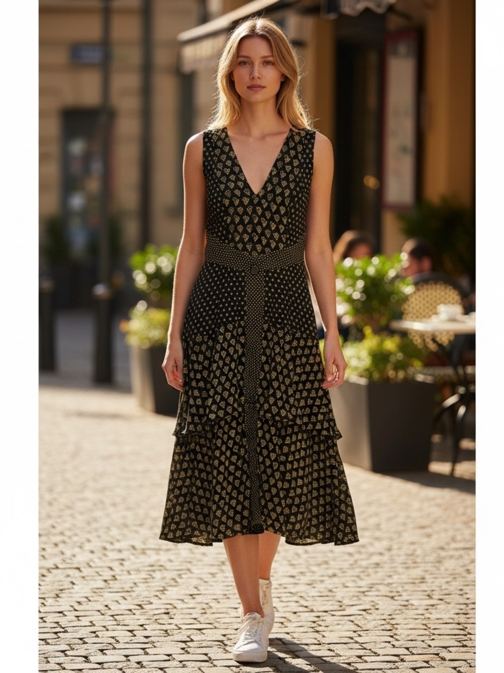 Proenza Schouler Black and Gold Printed V-Neck Tiered Midi Dress - Reg $2250.00